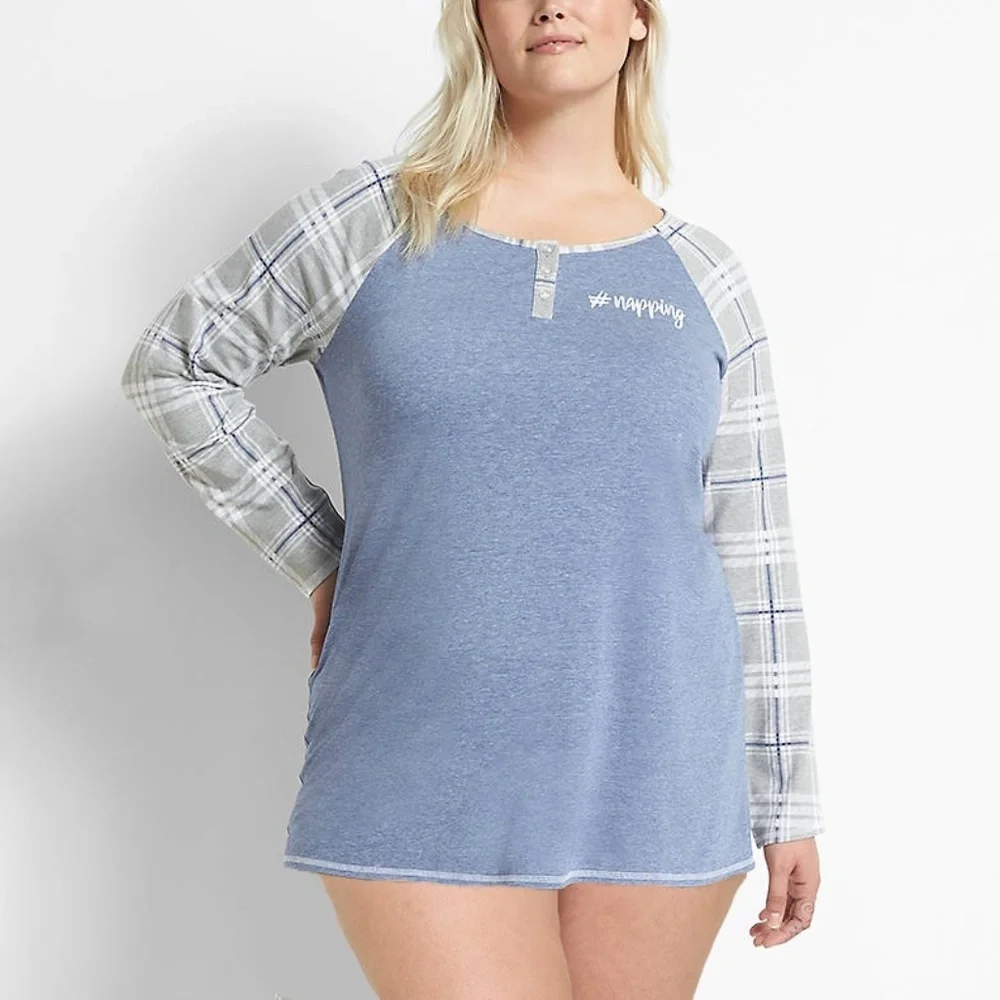 Cacique - Henley Long Raglan Sleeve Pajama Sleepshirt Sleep Dress - 3X - 22/24 - Picture 1 of 6